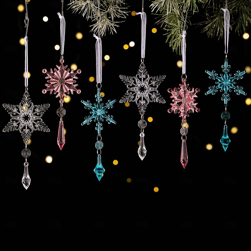 6pcs Christmas Crystal Snowflake Ornaments Hanging Decorations Winter Holiday Party Creative Snowflake String Decorations Xmas Tree Hanging Decor