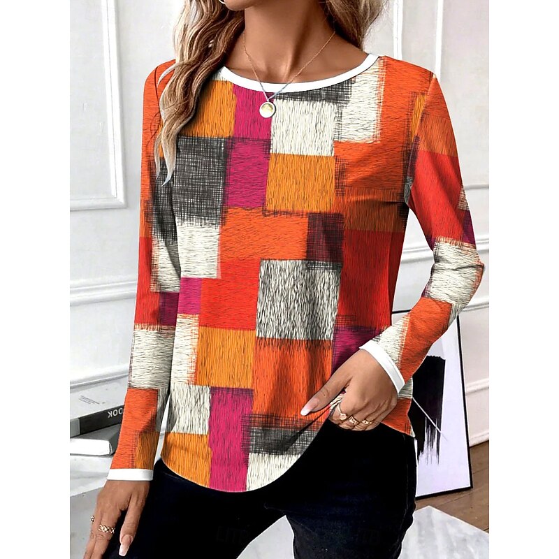 Women's T Shirt Graphic Geometric Striped Vintage Stylish Classic Long Sleeve Crew Neck Regular Tops Daily Print Blue Purple Orange Spring Fall Winter3
