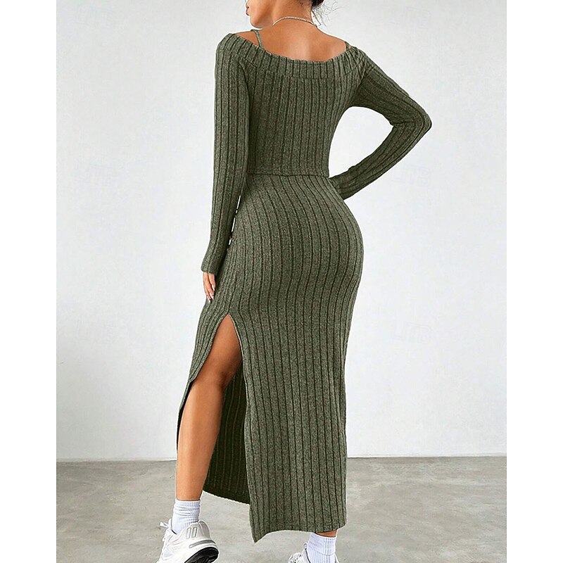 Women's Midi Dress Dress Set Sheath Dress Fashion Modern Vacation Daily Weekend Regular Fit Plain Sleeveless Off Shoulder Army Green Spring Fall4