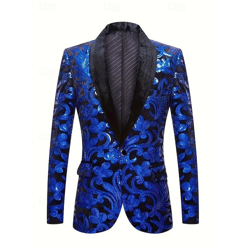 Men's Blazer Jacket Shawl Collar Party Floral Blazer Blue Tailored Fit Single Breasted One-button3