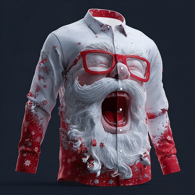 Christmas Men's Roaring Santa Claus funny christmas Shirt Button Up Shirt Long Sleeve Funny Outdoor Holiday Spring Fall Turndown 3D Print Collared Shirts Red 1 White Red2