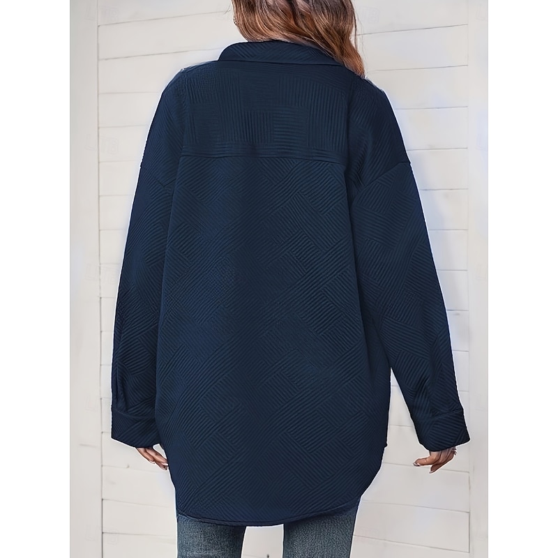 Women's Casual Jacket Comfortable Breathable Pocket Buttons Casual Plain Vacation Street Casual Daily Wear Single Breasted Long Turndown Loose Fit Long Sleeve Outerwear Navy Spring Fall2