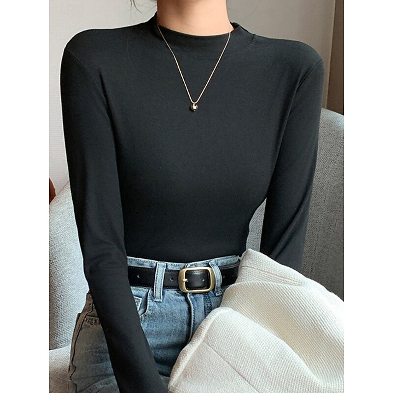 Women's Blouse Solid Color Stylish Casual Long Sleeve Mock Neck Regular Tops Daily Black White Army Green Brown Khaki Spring Fall3