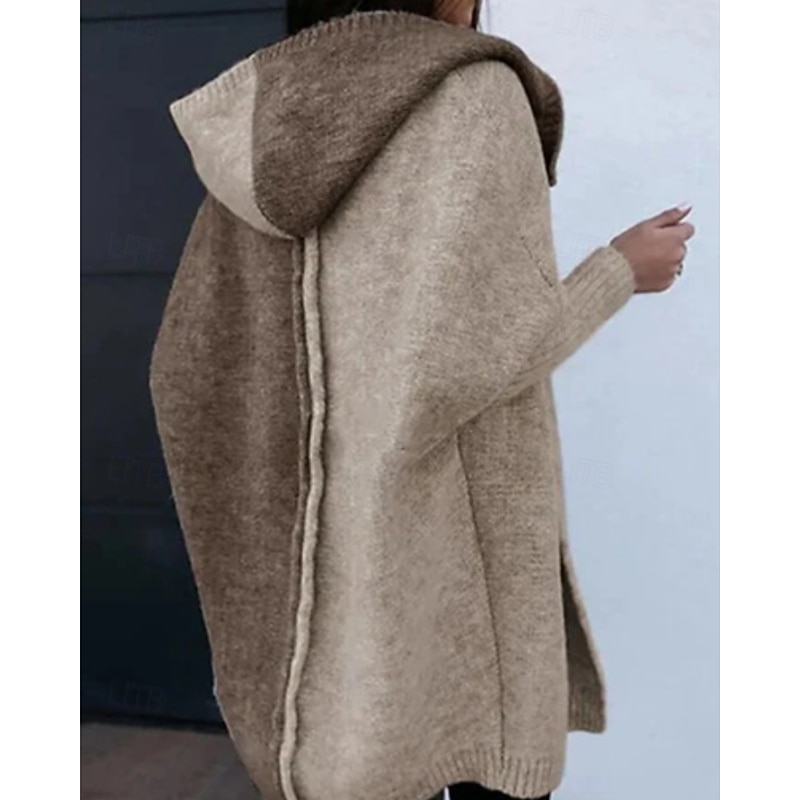 Women's Sweater Cardigan Streetwear Casual Color Block Hooded Patchwork Knitted Long Sleeve Long Tops Knit Daily Holiday Going out White / Black Black Fall Winter4