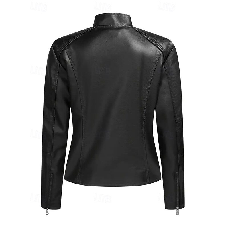 Women's Faux Leather Jacket Comfortable Zipper Pocket Casual Plaid Vacation Going out Weekend Short Stand Collar Regular Fit Long Sleeve Outerwear Black Red Camel Fall Winter3