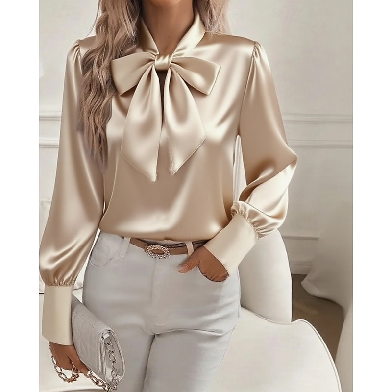 Women's Shirt Elegant Dressy Satin Plain Elegant Stylish Long Sleeve V Neck Regular Tops Work Holiday Going out Bow Black White Pink Khaki Spring Fall2