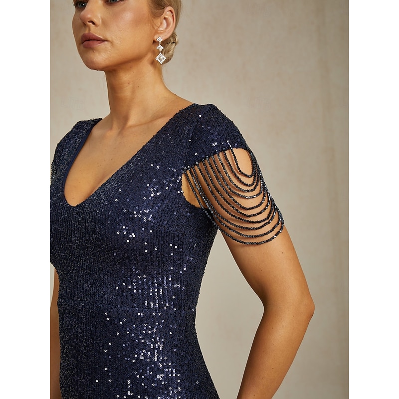 Women's Maxi Dress Sheath Dress Trumpet Mermaid Dress Sequin Crystal Elegant Cocktail Semi Formal Party Evening Party Solid Color Sleeveless V Neck Navy Blue Spring Fall Winter3