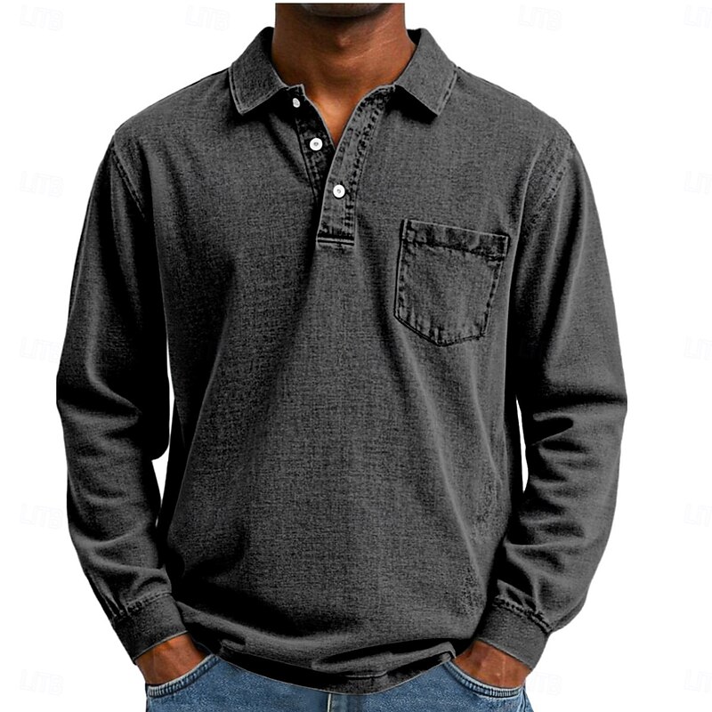 Men's Polo Shirts Golf Polos Shirts Street Business Classic Long Sleeve Vintage Basic Solid Color Plain Pocket Vintage Style Fall Winter Cross-Seasons Regular Fit Dark Brown Black Dark Blue Gray