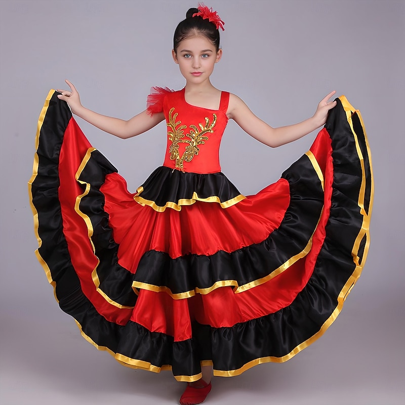 Girls' Flamenco Senorita Dancing Tango Dance Costume Stylish Polyester Red Skirt / Kid's