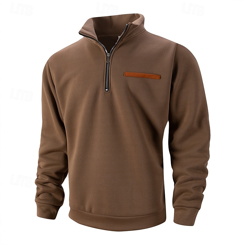 Men's Sweatshirt Fleece Sweatshirt Pullover Hoodie Sweatshirt Pullover Quarter Zip Sweatshirt Black Brown Green Khaki Standing Collar Plain Patchwork Sports & Outdoor Casual Daily Streetwear Cool2