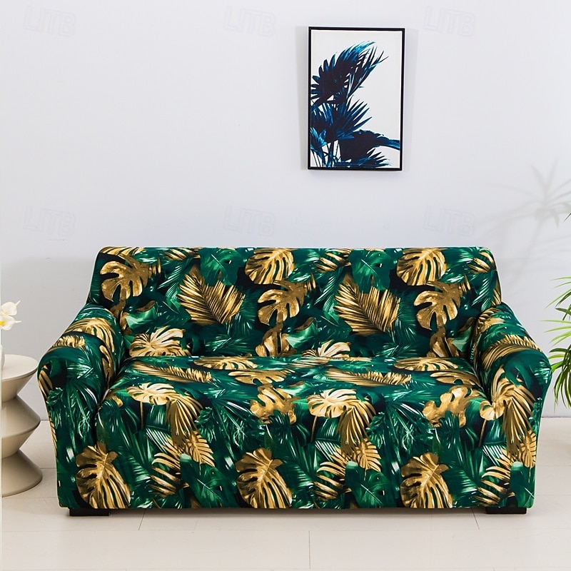 1Pc Stretch Elastic Sofa Cover with Plant Print, All-Season Horizontal Slipcover for 1/2/3/4 Seat Living Room Sofa, Soft Protective Couch Cover4