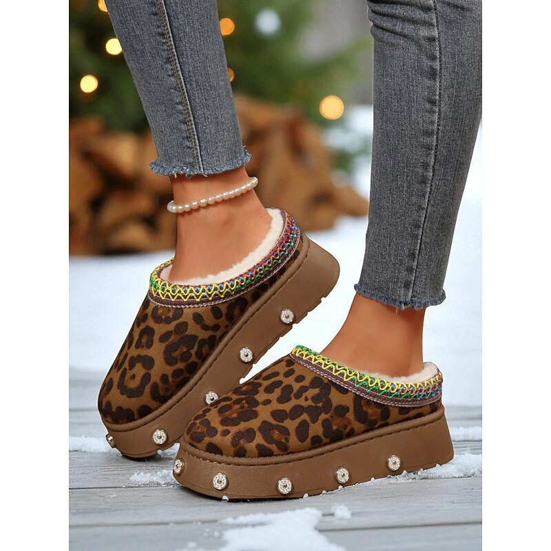 Women's Leopard Print Slip-On Snow Boots with Rhinestone Accents and Plush Interior, Stylish and Comfortable, Perfect for Casual Wear, Shopping and Cozy Weekend Outings2