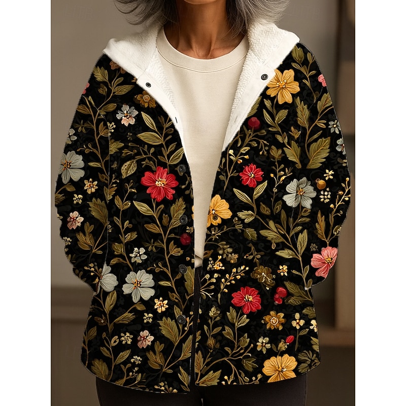 Women's Winter Coat Winter Jacket Warm Quick Dry Buttons Daily Modern Casual Comfortable Floral Vacation Casual Athleisure Daily Regular Hooded Regular Fit Long Sleeve Outerwear Yellow Pink Blue4