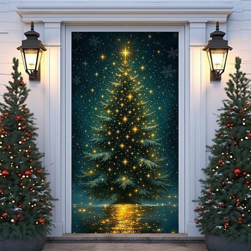 Christmas Door Cover, Colorful Winter Wonderland Scene with Glittering Trees, 2025 Xmas Festive Lights and Holiday Door Curtain Backdrop for Xmas Party Indoor Outdoor Decorations