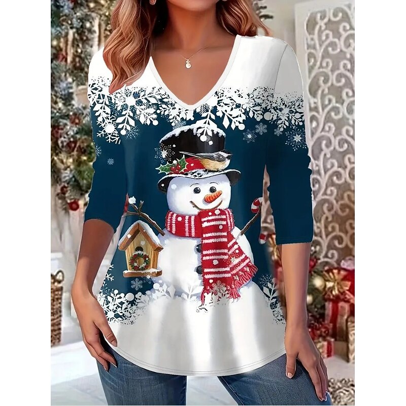 Christmas Women's T Shirt Graphic Snowman Letter Vintage Stylish Classic Long Sleeve V Neck Regular Tops Daily Print Red Blue Purple Green Spring Fall Winter3
