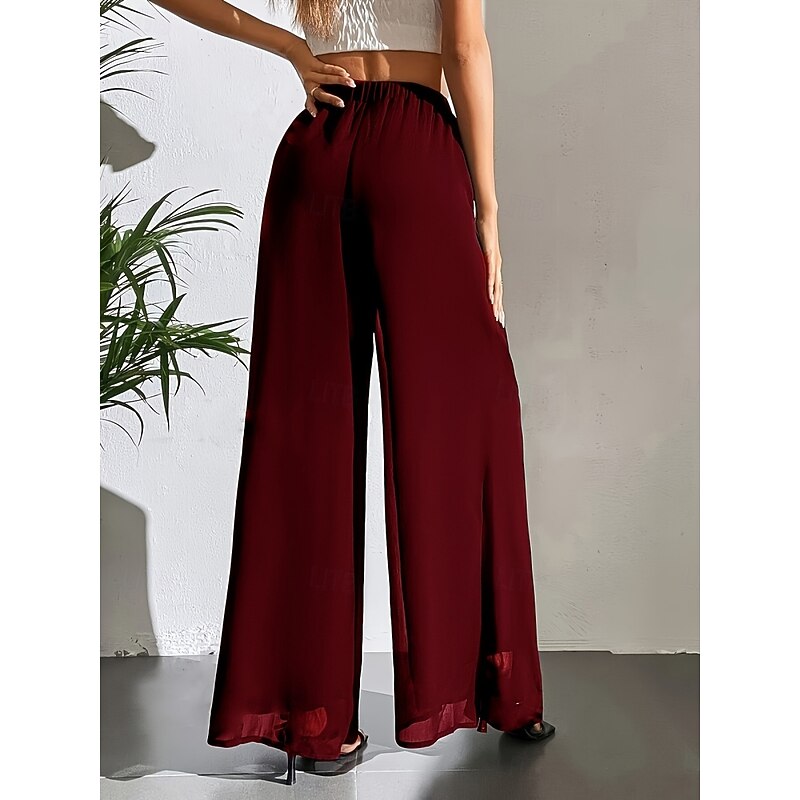 Women's Wide Leg Chinos Fashion Streetwear Basic Full Length High Waist Plain Elastic Waistband Comfy Soft Comfortable Stretchy Outdoor Street Causal Dark Brown Wine Black White Summer Spring Loose4