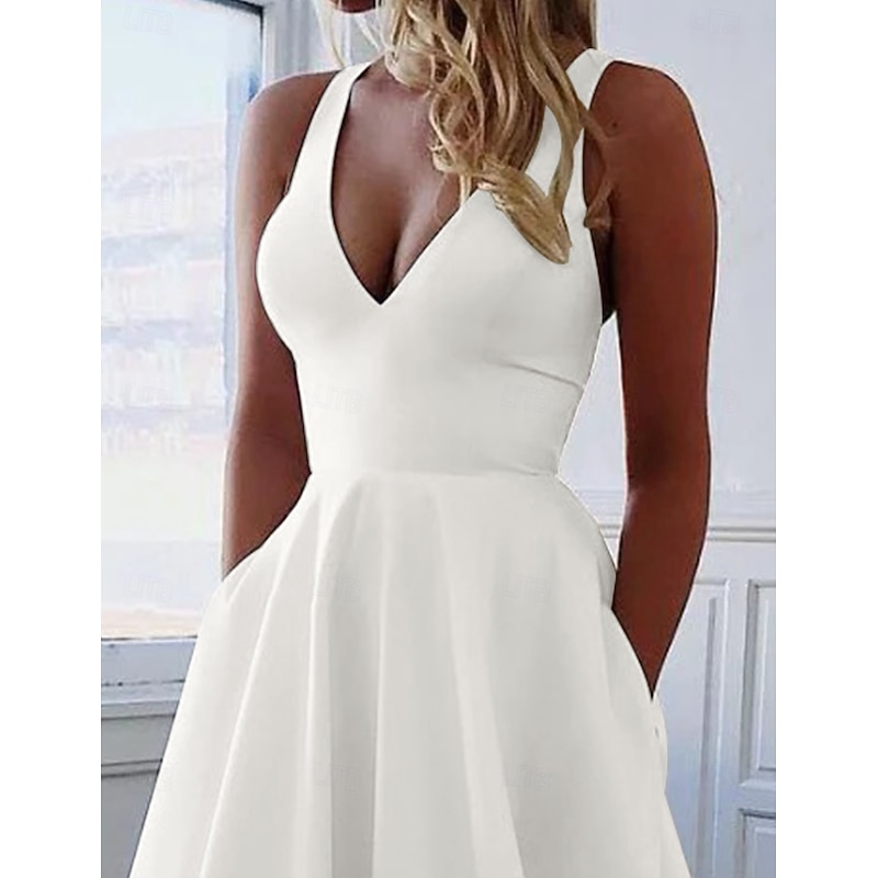 Casual Simple Wedding Dresses A-Line V Neck Sleeveless Sweep / Brush Train Satin Bridal Gowns With Pocket3
