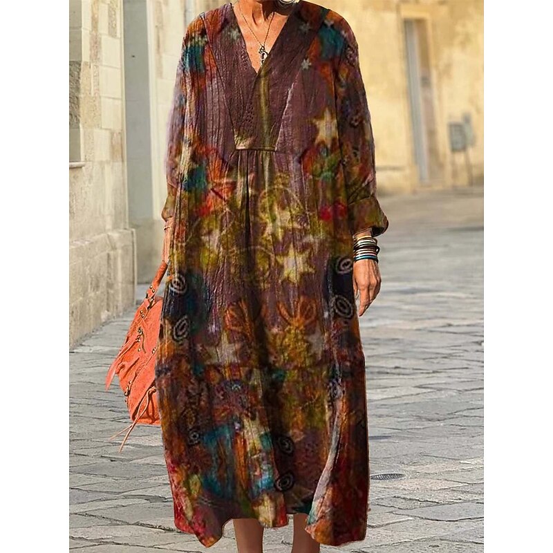 Women's Midi Dress Sundress A Line Dress Vacation Casual Boho Going out Beach Loose Fit Graphic Geometric Abstract Long Sleeve V Neck Red Blue Purple Green Spring Fall Winter Autumn