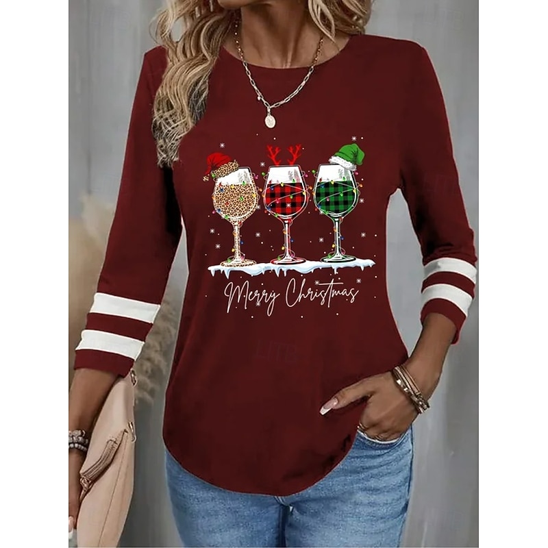 Christmas Women's T Shirt Graphic Christmas Wine Glass Vintage Stylish Classic Long Sleeve Crew Neck Regular Tops Daily Weekend Print Wine Spring Fall Winter