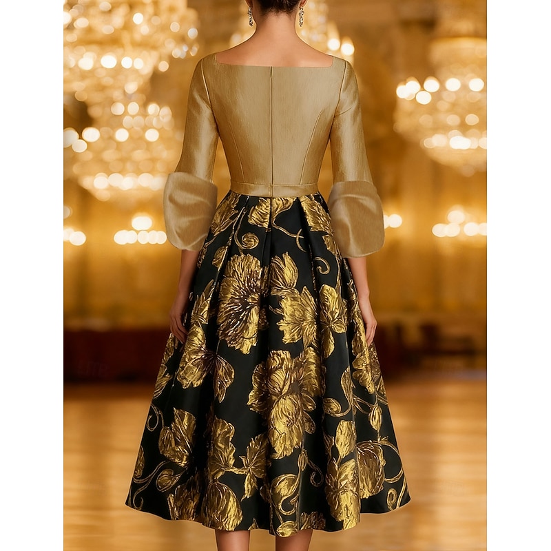 Black and Gold Floral Jacquard A-Line Cocktail Dresses Elegant Formal Dress Formal Wedding Tea Length 3/4 Length Sleeve V Neck Taffeta with Bow(s) 20252