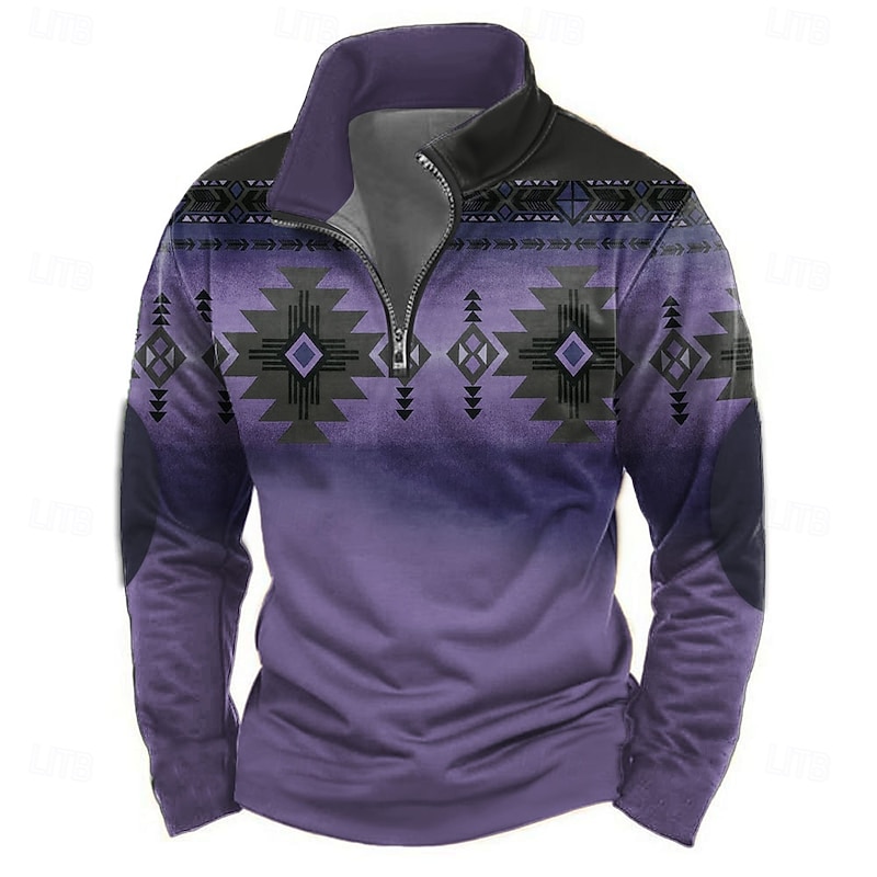 Men's Aztec Sweatshirt Ethnic Vintage Retro High Neck Outdoor Sports Outdoor Blue Dark Green Zipper Quarter Zip Fall Winter Designer2