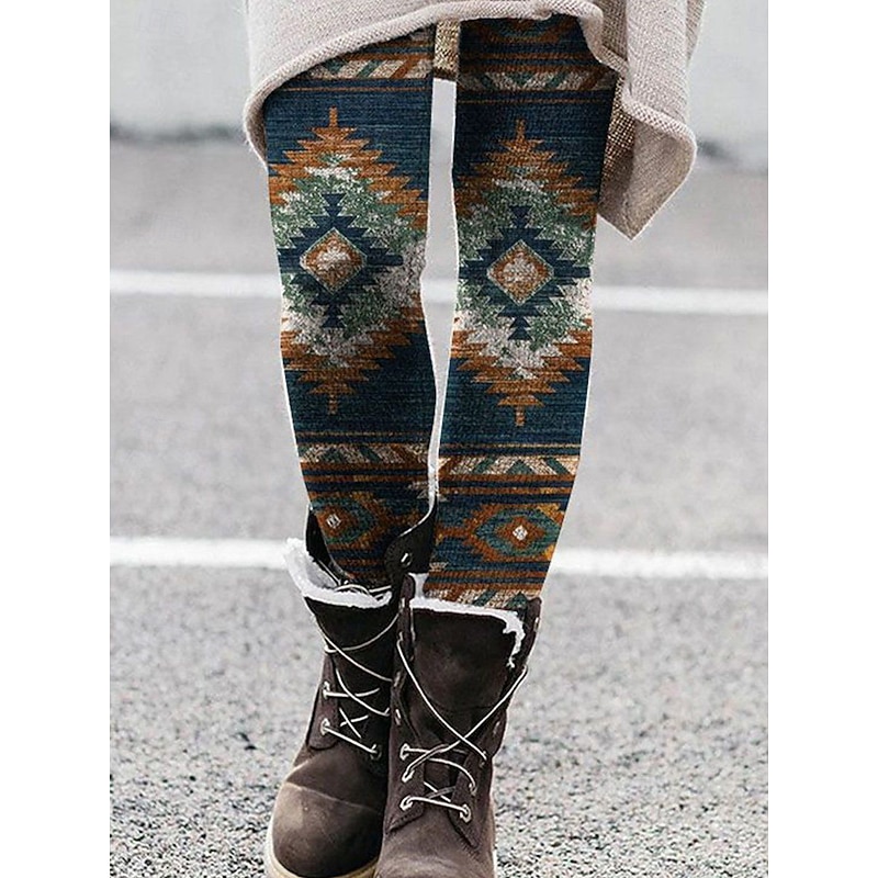Women's Leggings Vintage Fashion Streetwear Full Length High Waist Graphic Geometric Pattern Printing Thermal Warm Soft Breathable Stretchy Outdoor Vacation Street Yellow Blue Brown Khaki Spring Fall4