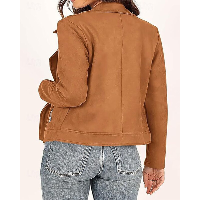 Women's Faux Leather Jacket Warm Comfortable Zipper Pocket Fashion Casual Plain Vacation Street Casual Daily Wear Short Turndown Regular Fit Long Sleeve Outerwear Black Navy Blue Camel Fall Winter4