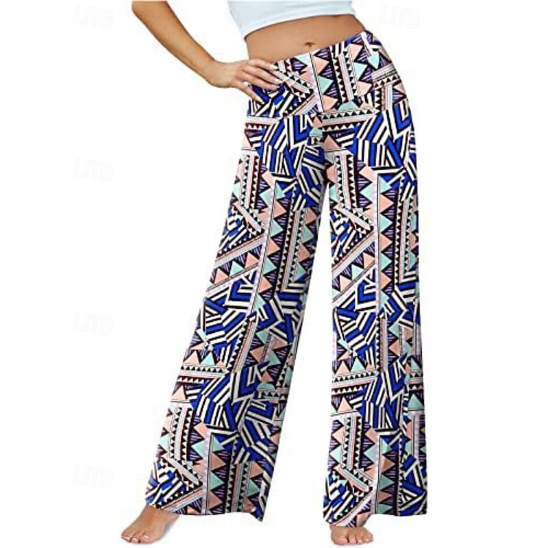 Women's Culottes Wide Leg Chinos Vacation Vintage Streetwear Full Length Medium Waist Floral Striped Elastic Waist Printing Comfortable Micro-elastic Outdoor Vacation Yoga Navy Black White Blue3