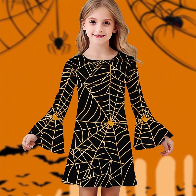 Halloween Girls' 3D Graphic Dress Ruffle Dress Long Sleeve Summer Spring Vacation Daily Holiday Beautiful Sweet Kids 4-12 Years Casual Dress Knee-length Regular Fit4