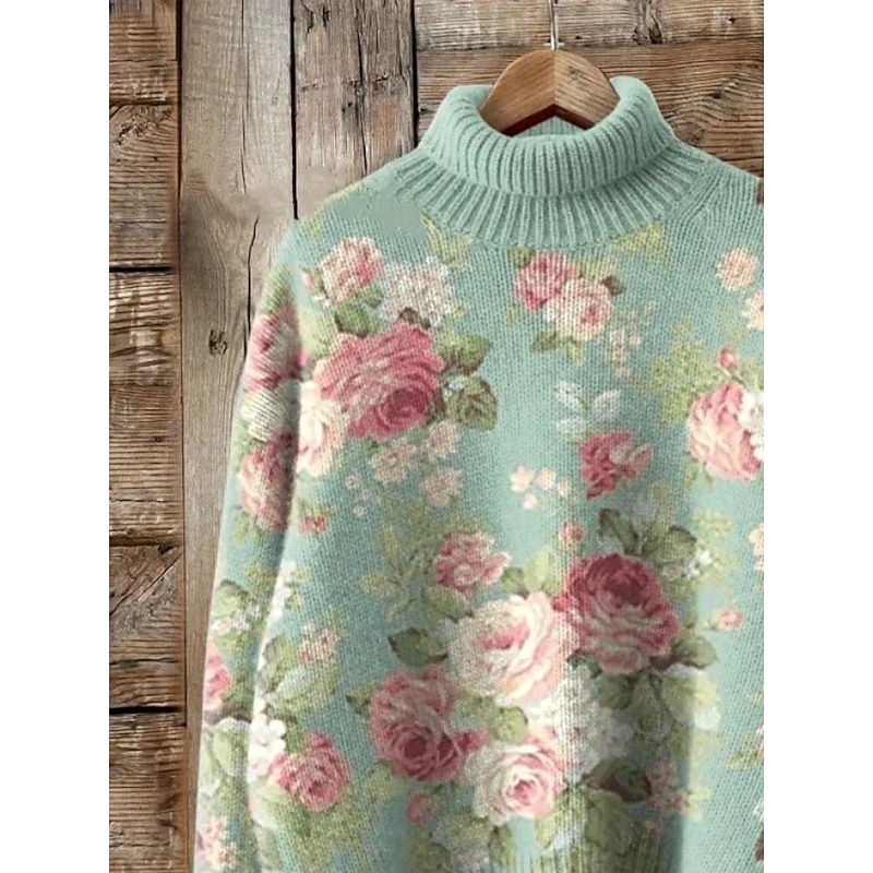 Women's Sweater Casual Soft Floral Graphic Ribbed Turtleneck Floral Knitted Print Long Sleeve Regular Tops Knit Outdoor Daily Weekend Light Green Fall Winter2
