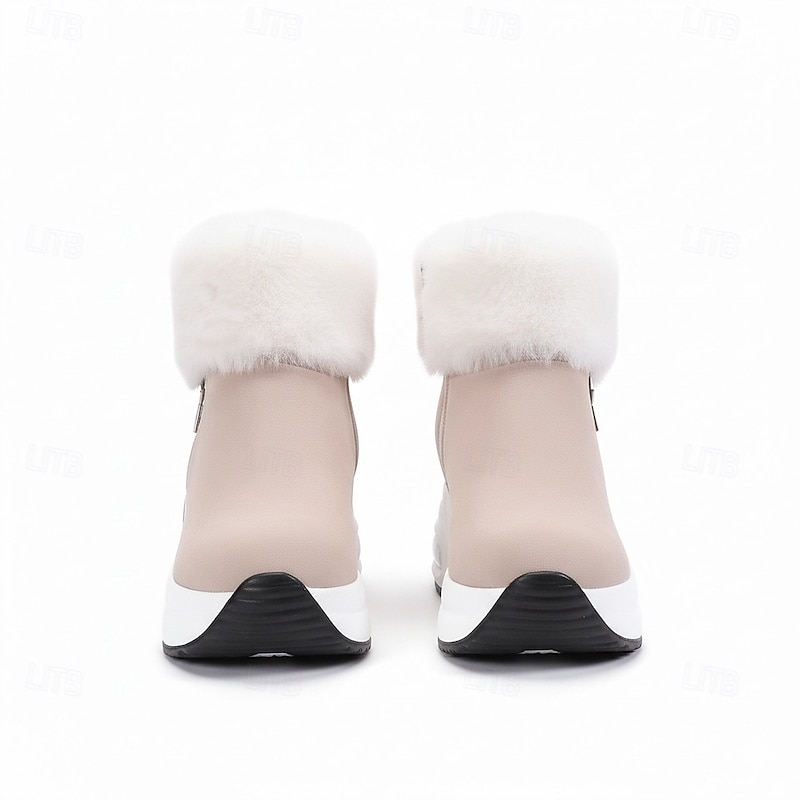 Women's Beige Faux Fur Lined Platform Ankle Boots with Wedge Heels - Warm and Stylish Winter Footwear3