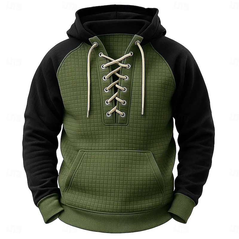 Men's Hoodie Sweatshirt Waffle Sweatshirt Pullover Hoodie Sweatshirt Pullover Army Green Navy Blue Blue Khaki Gray Hooded Plain Lace up Patchwork Sports & Outdoor Casual Daily Streetwear Cool4
