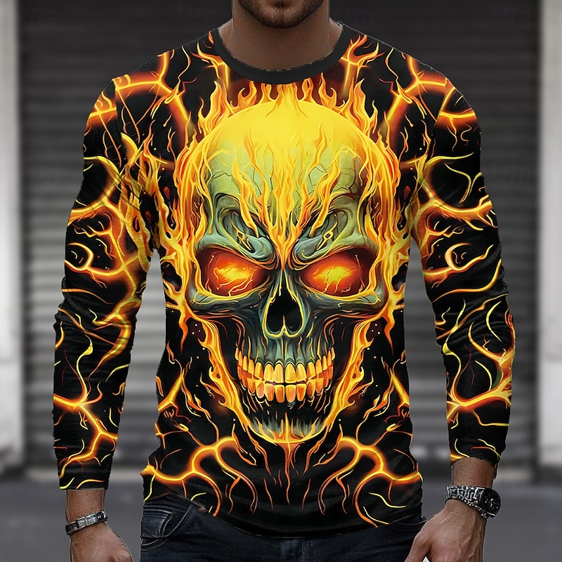 Halloween Men's Skull Hellfire Flames T Shirt Long Sleeve T shirt 3D Print Crew Neck Shirt Fashion Exaggerated Street Casual Daily Yellow Purple Green Summer Spring Fall Clothing Apparel S M L XL XXL