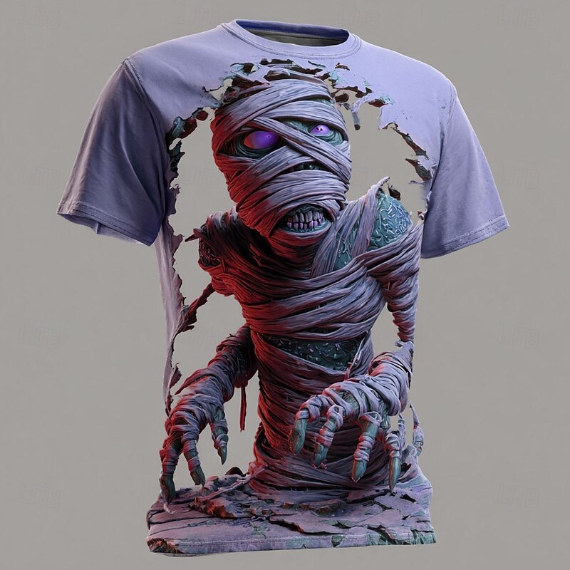 Halloween Men's Optical Illusion Zombies Mummy T Shirt Short Sleeve T shirt 3D Print Crew Neck Shirt Exaggerated Designer Horror Party Street Holiday Blue Purple Green Summer Spring All Seasons2