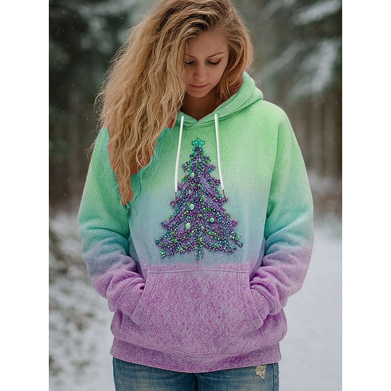 Women's Pullover Hoodie Sweatshirt Graphic Christmas Tree Casual Long Sleeve Hooded Regular Tops Party Evening Wear Street Dailywear Pink Blue Purple Green Spring Fall Winter4