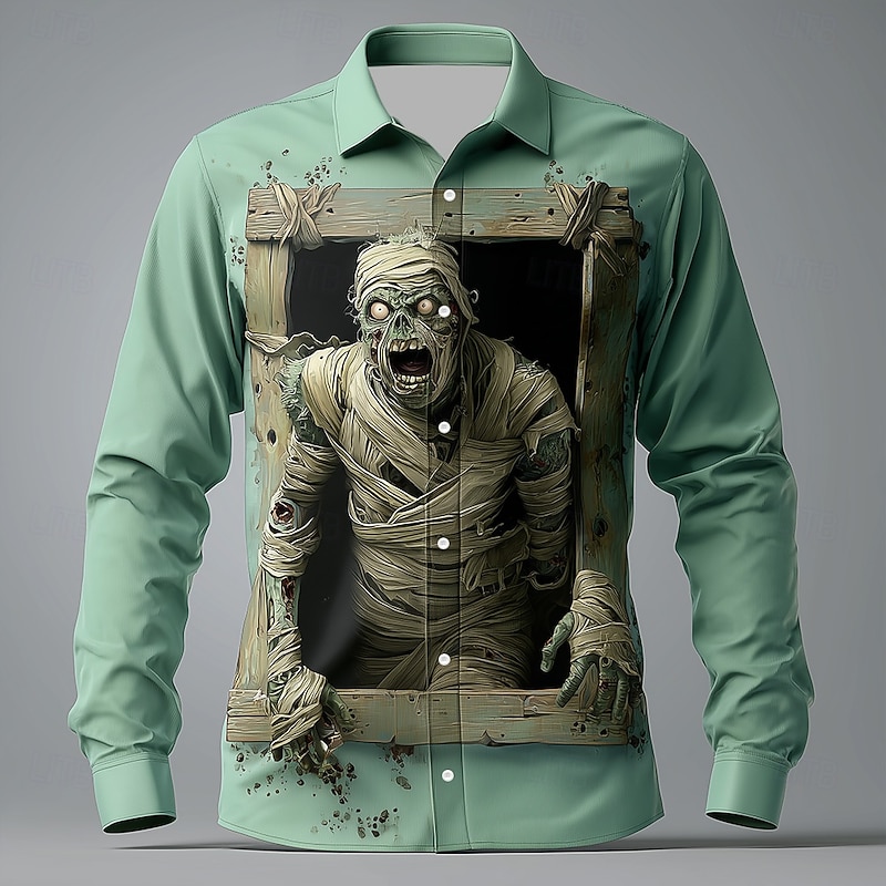 Halloween Men's Zombies Mummy Cracked Wall Shirt Button Up Shirt Long Sleeve Dark Gothic Style Holiday Streetwear Spring Fall Turndown 3D Print Collared Shirts Green 1# Green