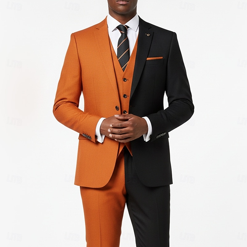 Men's Halloween Casual Party Suits Notch Lapel Orange Fashion Casual Patchwork Tailored Fit 3 Piece Single Breasted Two-buttons