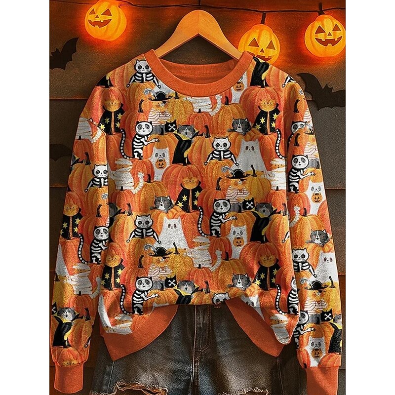 Halloween Women's Pullover Sweatshirt Graphic Pumpkin Fashion Casual Long Sleeve Crew Neck Regular Tops Street Dailywear Casual Print Black Orange Fall Winter3