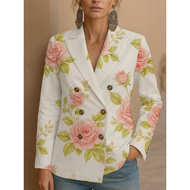 Women's Blazer Windproof Comfortable Buttons Elegant Vintage Fashion Cute Floral Casual Regular Notch Lapel Regular Fit Long Sleeve Outerwear White Pink Purple Spring Fall