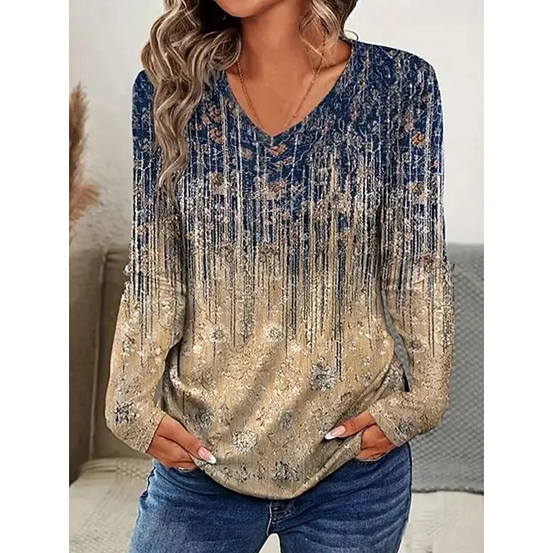 Women's T Shirt Ombre Graphic Abstract Vintage Stylish Classic Long Sleeve V Neck Regular Tops Daily Print Khaki Spring Fall Winter