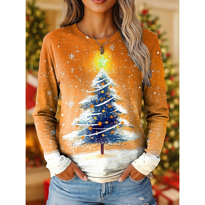Christmas Women's T Shirt Graphic Christmas Tree Vintage Fashion Stylish Long Sleeve Crew Neck Regular Tops Daily Weekend Print Red Blue Purple Orange Green Fall Winter3