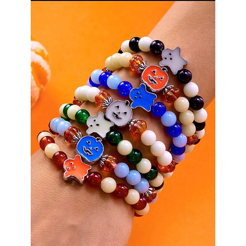 Women's Halloween Glow in the Dark Beaded Bracelet, Cute Ghost Pumpkin Elastic Jewelry for Costume Parties and Festivals3