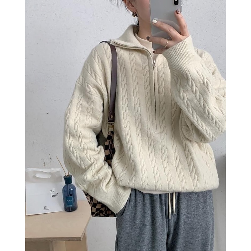 Women's Sweater Casual Soft Solid Color Ribbed Half Zip Knitted Long Sleeve Regular Tops Knit Outdoor Daily Weekend Beige Fall Winter3