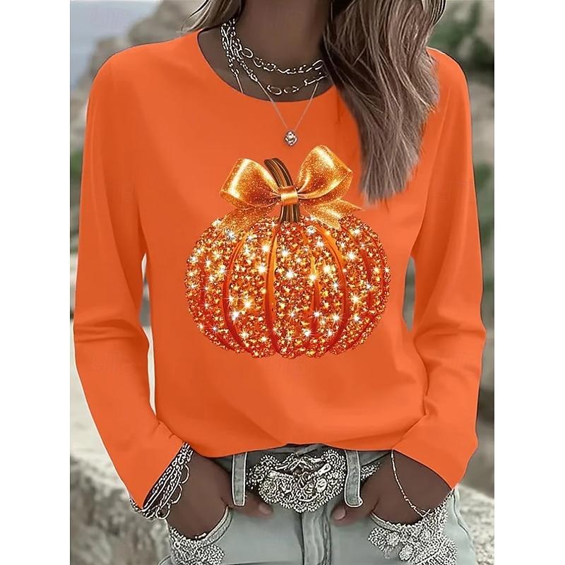 Halloween Women's T shirt Pumpkin Graphic Skull Vintage Fashion Stylish Long Sleeve Crew Neck Round Neck Regular Tops Daily Weekend Print Black White Pink Blue Purple Spring Fall Winter