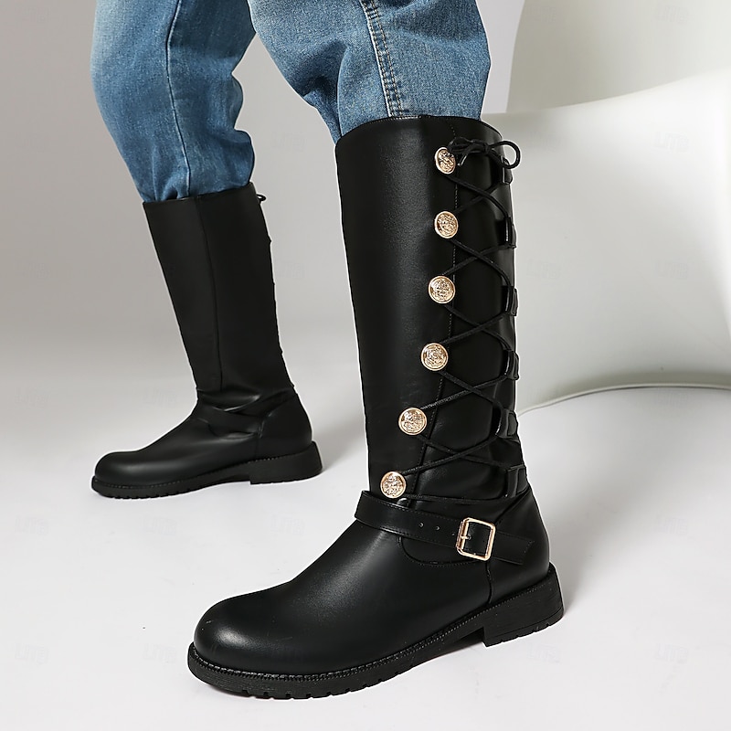 Men's Black Knee-High Boots with Gold Button Details – Sleek and Stylish, Great for Semi-Formal and Trendy Occasions4
