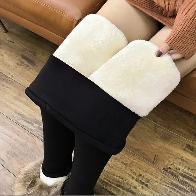 Lambskin Winter Leggings for Women, Fleece Lined Thermal High Waist Slim Pants, Thick Warm Stretch Cotton Jeggings for Cold Weather