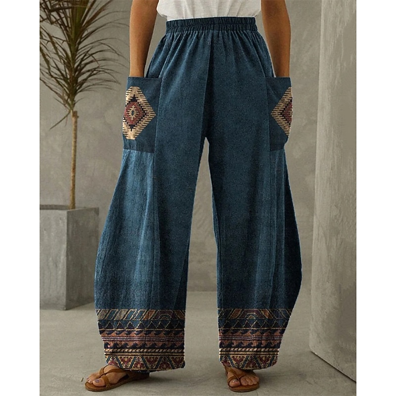 Women's Wide Leg Pants Trousers Vacation Ethnic Style Boho Full Length High Waist Graphic Pocket Elastic Waistband Print Comfy Breathability Inelastic Vacation Street Casual Dark Blue Spring Fall