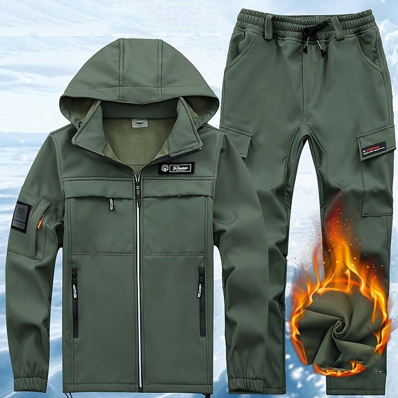 Men's Hiking Jacket Fleece Jacket Puffer Jacket Thermal Set Winter Outdoor Camo Thermal Warm Waterproof Windproof Top Black Green Khaki2