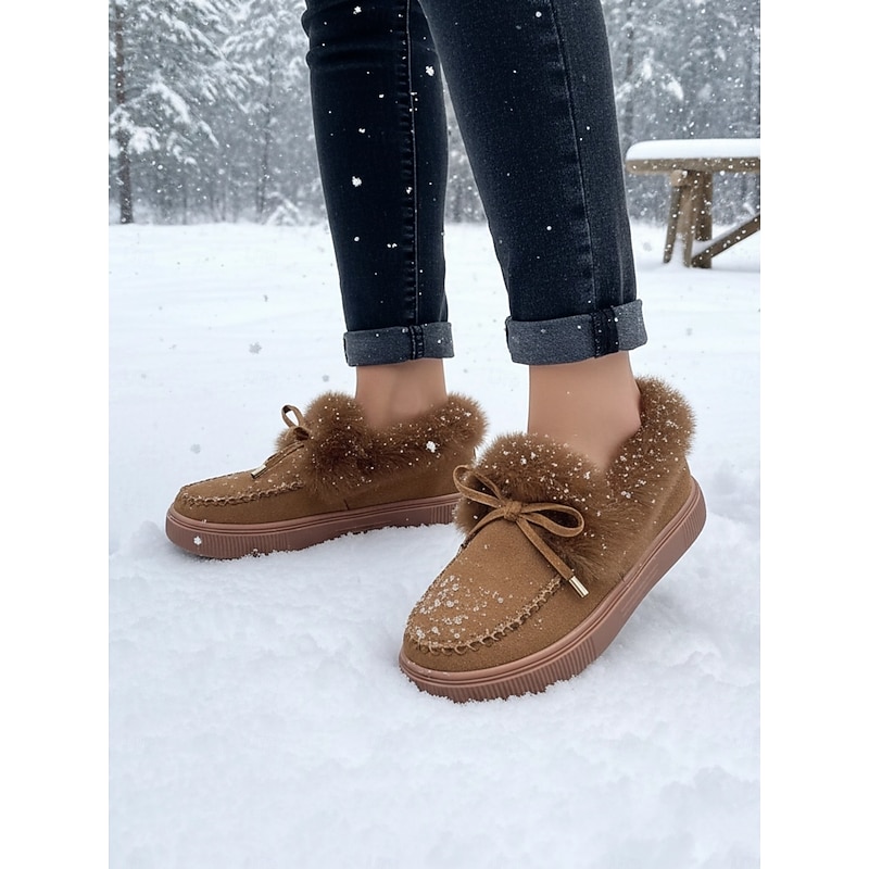 Women's Fur-Lined Moccasin Loafers - Cozy Slip-On Winter Shoes with Plush Trim and Suede Finish