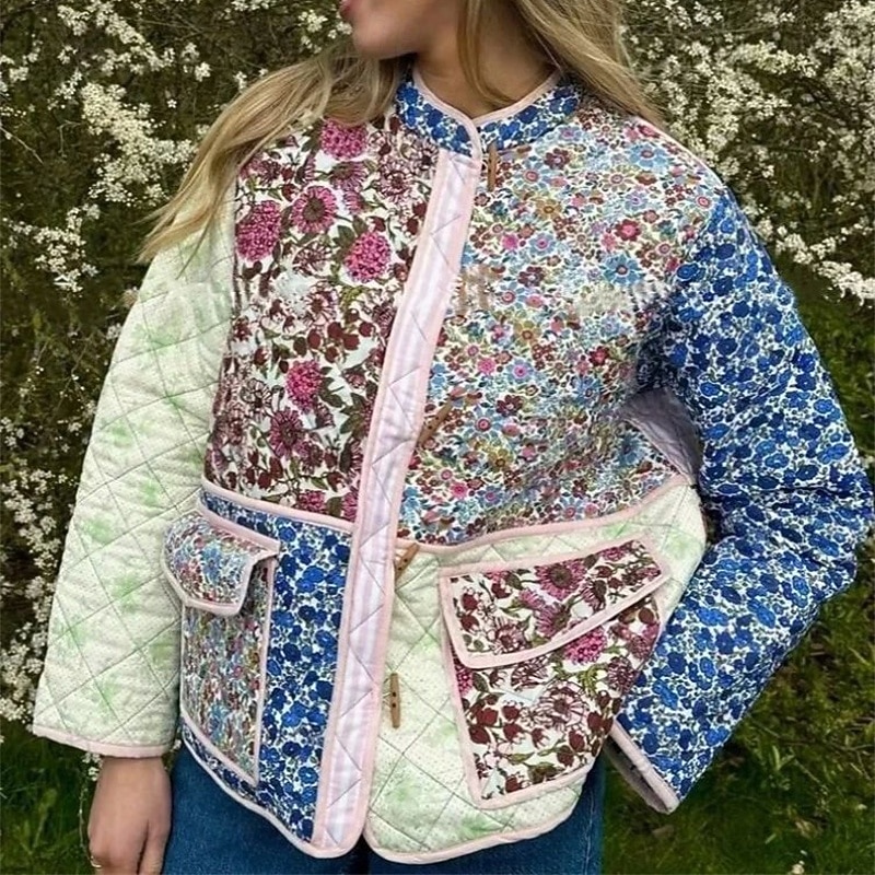 Women's Puffer Jacket Quilted Jacket Casual Jacket Comfortable Breathable Pocket Buttons Casual Floral Vacation Street Casual Daily Wear Single Breasted Short Stand Collar Regular Fit Long Sleeve2